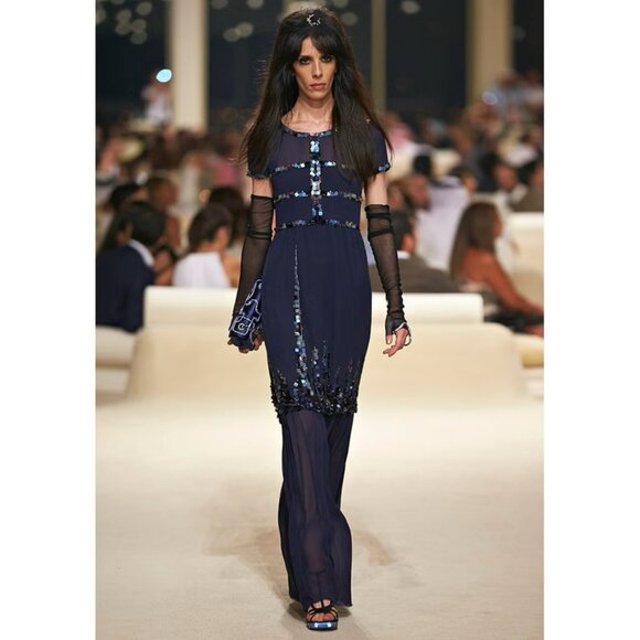 CHANEL Navy Silk Sequin Trim Cruise 2015  Dress *As Is* SAMPLE - Picture 1 of 16